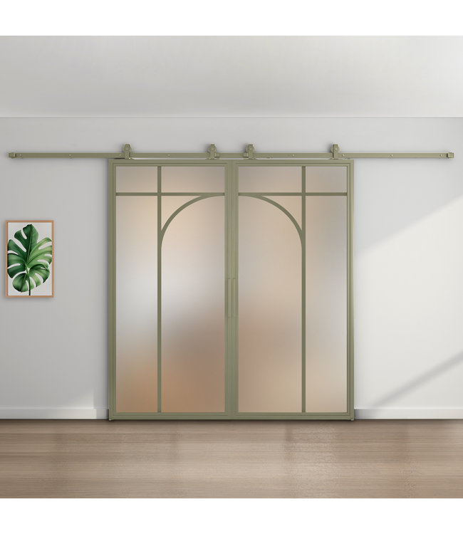 Dubbele stalen schuifdeur - Olijfgroen - 5 Vlaks rond - Mat glas