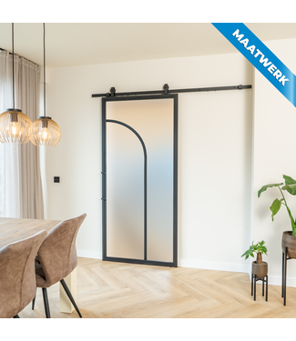 Stalen Schuifdeur - Zwart - 2 Vlaks rond - Maatwerk - Mat glas
