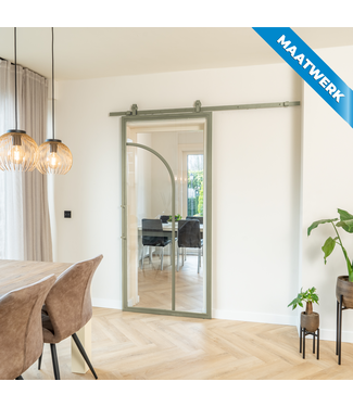 Stalen Schuifdeur - Olijfgroen - 2 Vlaks rond - Maatwerk - Helder glas