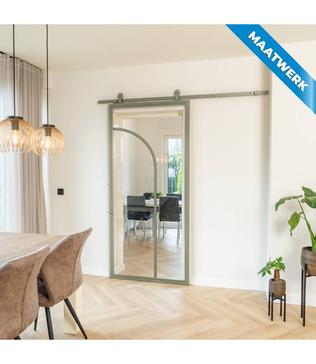 Stalen Schuifdeur - Olijfgroen - 2 Vlaks rond - Maatwerk - Rook glas