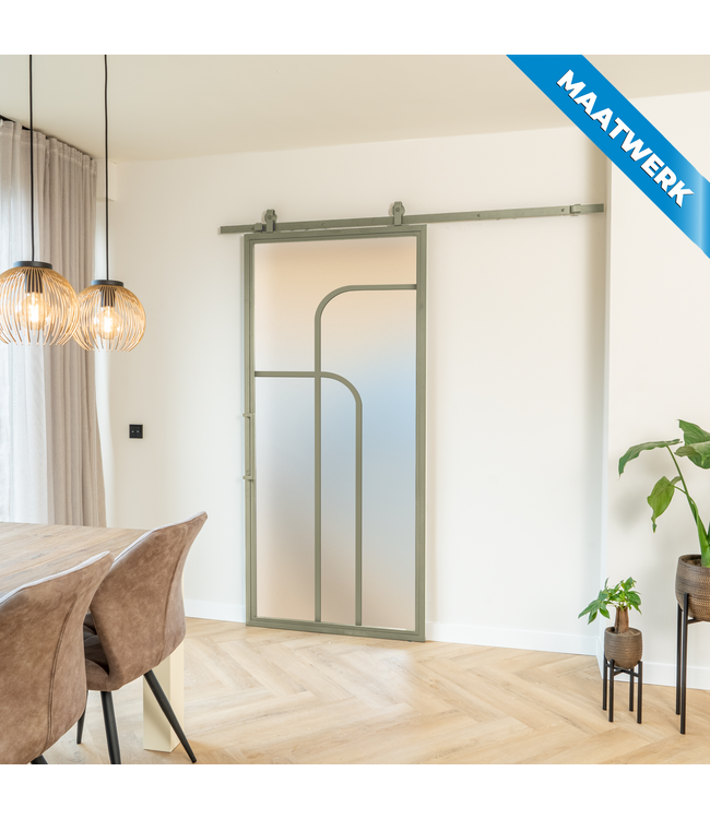 Stalen Schuifdeur - Olijfgroen - 4 Vlaks rond - Maatwerk - Helder glas