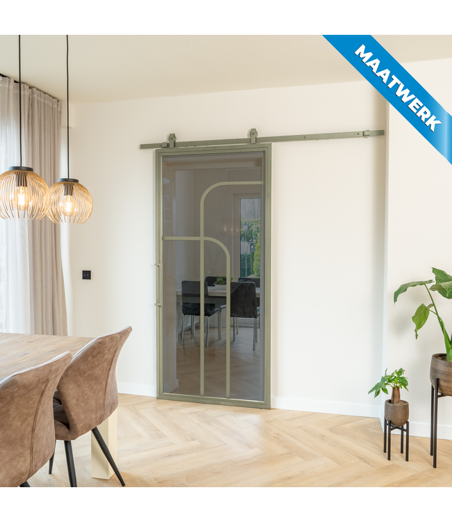 Stalen Schuifdeur - Olijfgroen - 4 Vlaks rond - Maatwerk - Helder glas