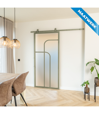 Stalen Schuifdeur - Olijfgroen - 4 Vlaks rond - Maatwerk - Mat glas
