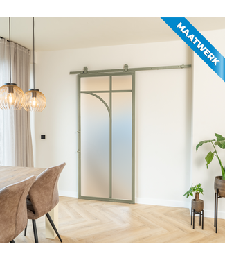 Stalen Schuifdeur - Olijfgroen - 5 Vlaks rond - Maatwerk - Mat glas