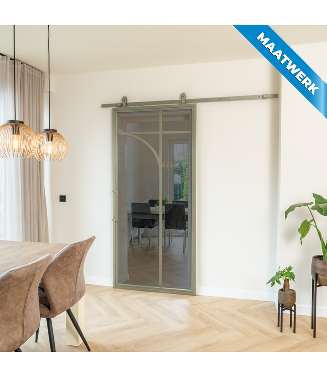 Stalen Schuifdeur - Olijfgroen - 5 Vlaks rond - Maatwerk - Rook glas