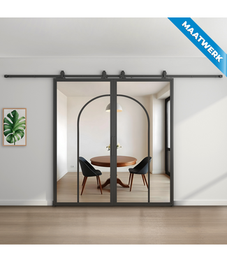 Dubbele stalen Schuifdeuren - Zwart - 2 Vlaks rond - Maatwerk - Helder glas