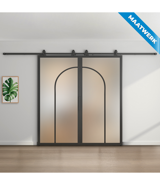 Dubbele stalen Schuifdeuren - Zwart - 2 Vlaks rond - Maatwerk - Mat glas