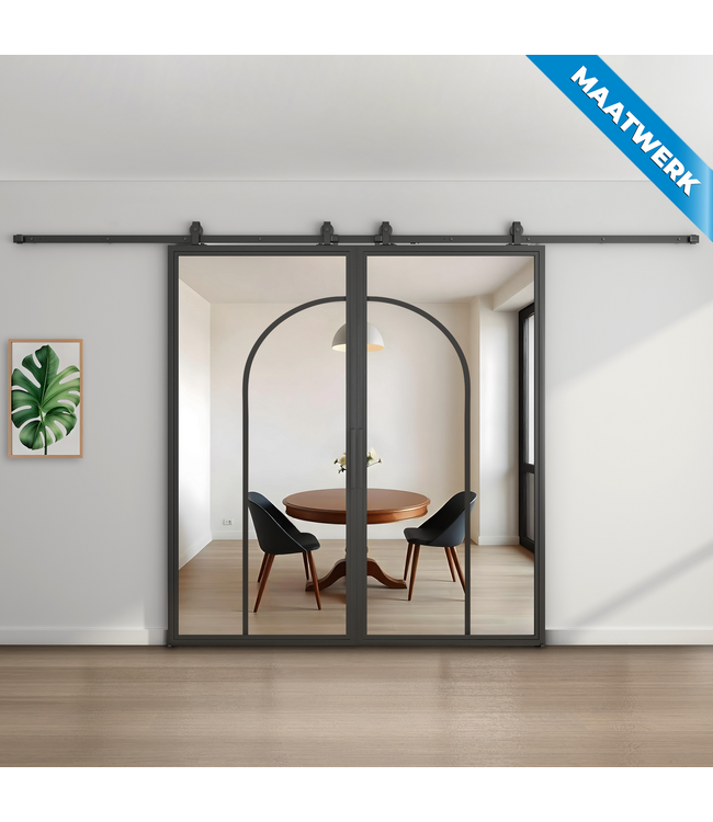 Dubbele stalen Schuifdeuren - Zwart - 2 Vlaks rond - Maatwerk - Rook glas