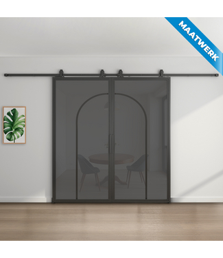 Dubbele stalen Schuifdeuren - Zwart - 2 Vlaks rond - Maatwerk - Rook glas