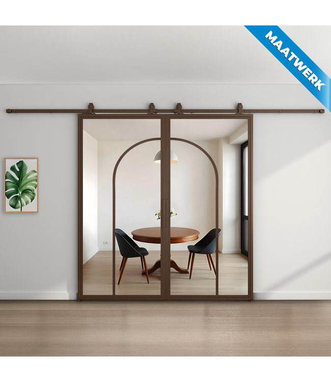 Dubbele stalen Schuifdeuren - Brons - 2 Vlaks rond - Maatwerk - Brons rook glas