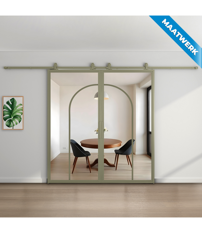 Dubbele stalen Schuifdeuren - Olijfgroen - 2 Vlaks rond - Maatwerk - Mat glas