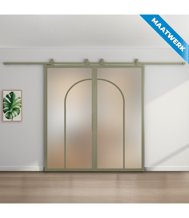 Dubbele stalen Schuifdeuren - Olijfgroen - 2 Vlaks rond - Maatwerk - Mat glas