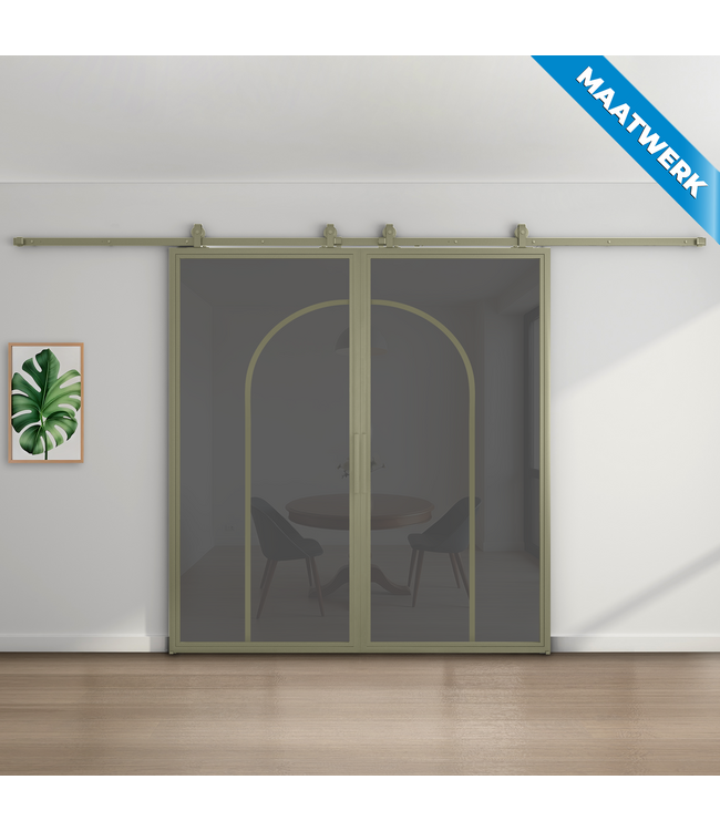 Dubbele stalen Schuifdeuren - Olijfgroen - 2 Vlaks rond - Maatwerk - Mat glas