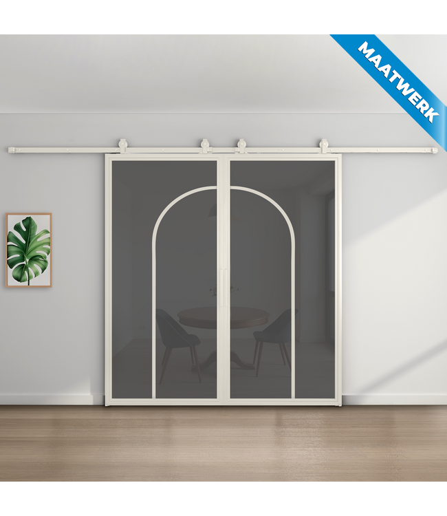 Dubbele stalen Schuifdeuren - Wit - 2 Vlaks rond - Maatwerk - Helder glas