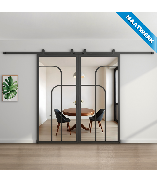 Dubbele stalen Schuifdeuren - Zwart - 4 Vlaks rond - Maatwerk - Rook glas