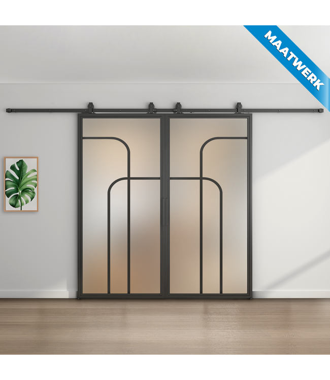 Dubbele stalen Schuifdeuren - Zwart - 4 Vlaks rond - Maatwerk - Rook glas