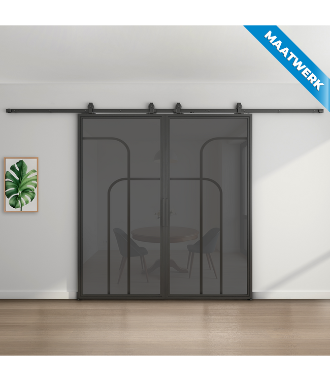 Dubbele stalen Schuifdeuren - Zwart - 4 Vlaks rond - Maatwerk - Rook glas