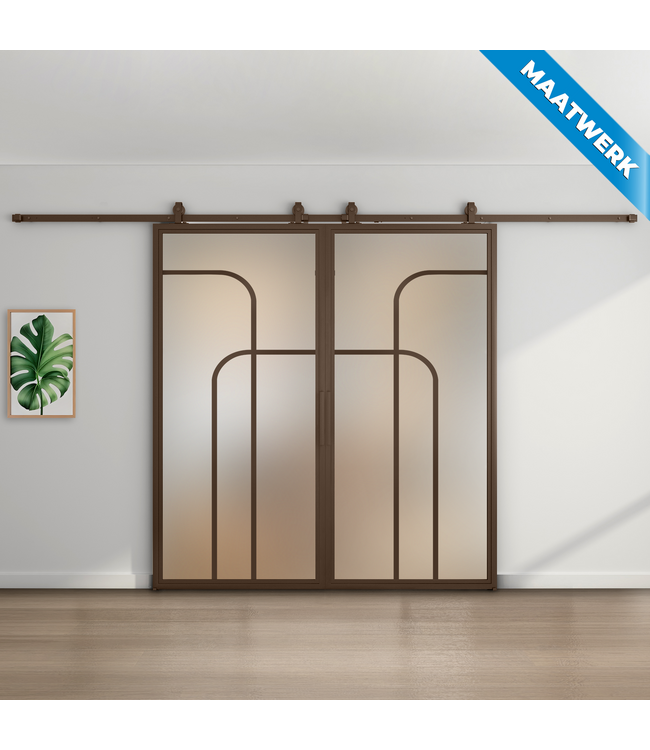 Dubbele stalen Schuifdeuren - Brons - 4 Vlaks rond - Maatwerk - Rook glas