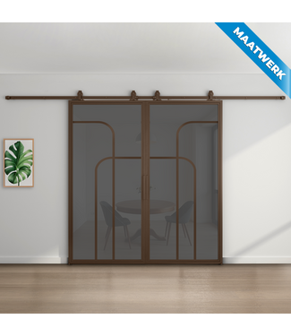 Dubbele stalen Schuifdeuren - Brons - 4 Vlaks rond - Maatwerk - Rook glas