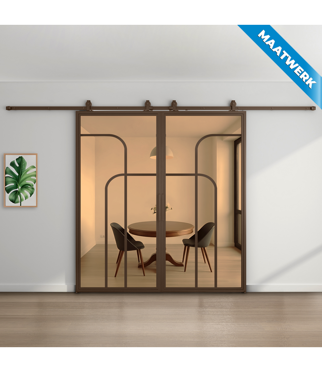 Dubbele stalen Schuifdeuren - Brons - 4 Vlaks rond - Maatwerk - Brons rook glas