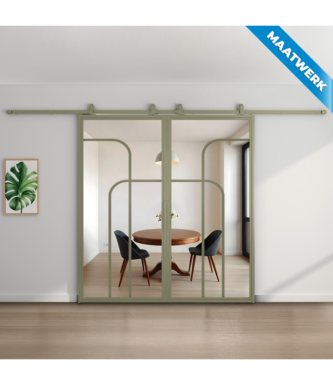 Dubbele stalen Schuifdeuren - Olijfgroen - 4 Vlaks rond - Maatwerk - Mat glas