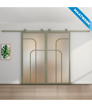 Dubbele stalen Schuifdeuren - Olijfgroen - 4 Vlaks rond - Maatwerk - Mat glas