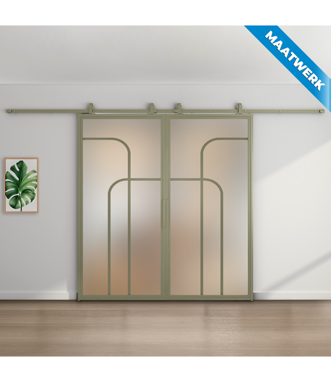 Dubbele stalen Schuifdeuren - Olijfgroen - 4 Vlaks rond - Maatwerk - Mat glas