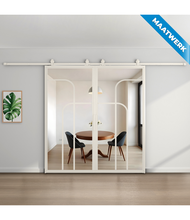 Dubbele stalen Schuifdeuren - Wit - 4 Vlaks rond - Maatwerk - Mat glas