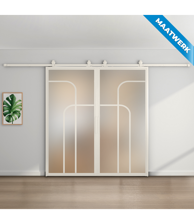 Dubbele stalen Schuifdeuren - Wit - 4 Vlaks rond - Maatwerk - Mat glas