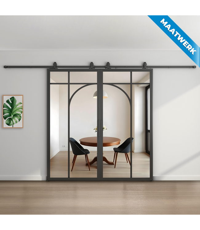 Dubbele stalen Schuifdeuren - Zwart - 5 Vlaks rond - Maatwerk - Mat glas