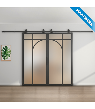 Dubbele stalen Schuifdeuren - Zwart - 5 Vlaks rond - Maatwerk - Mat glas