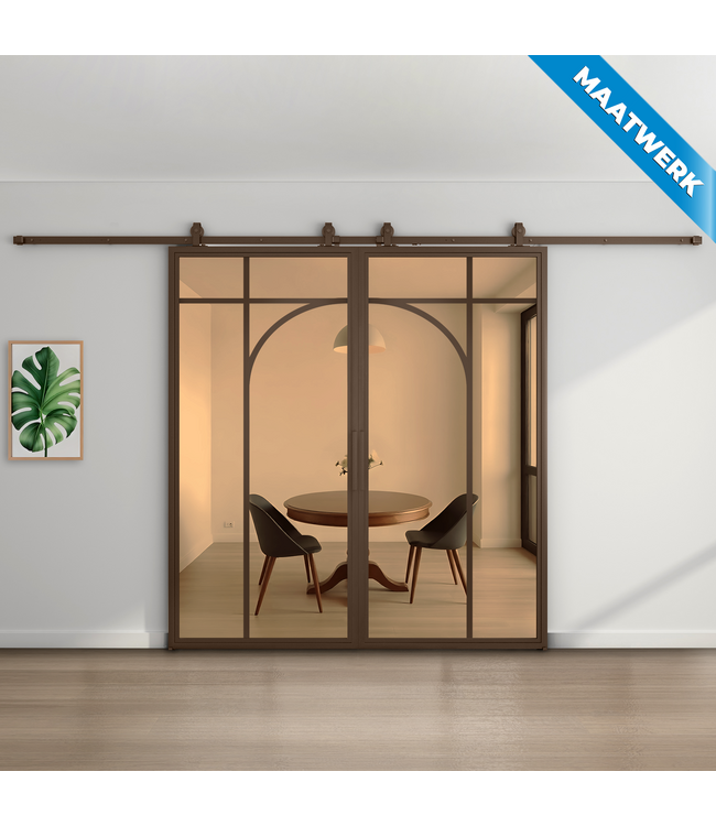 Dubbele stalen Schuifdeuren - Brons - 5 Vlaks rond - Maatwerk - Helder glas