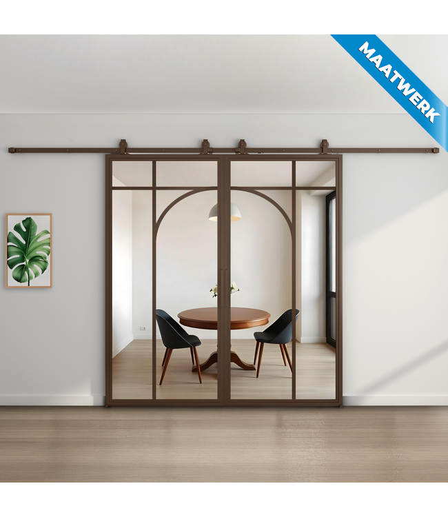 Dubbele stalen Schuifdeuren - Brons - 5 Vlaks rond - Maatwerk - Rook glas