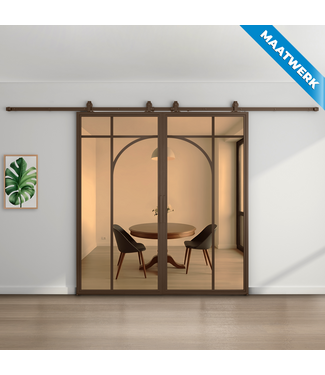 Dubbele stalen Schuifdeuren - Brons - 5 Vlaks rond - Maatwerk - Brons rook glas