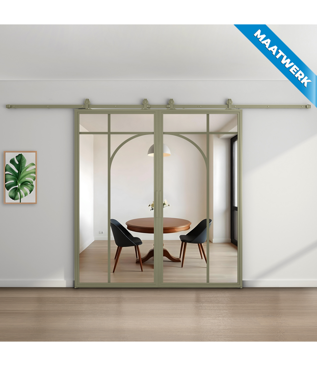 Dubbele stalen Schuifdeuren - Olijfgroen - 5 Vlaks rond - Maatwerk - Mat glas