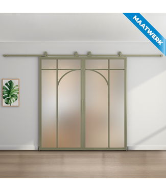 Dubbele stalen Schuifdeuren - Olijfgroen - 5 Vlaks rond - Maatwerk - Mat glas