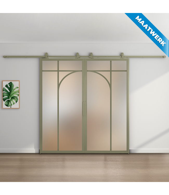 Dubbele stalen Schuifdeuren - Olijfgroen - 5 Vlaks rond - Maatwerk - Mat glas