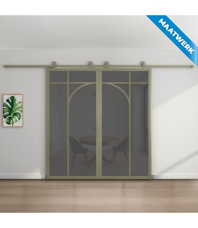 Dubbele stalen Schuifdeuren - Olijfgroen - 5 Vlaks rond - Maatwerk - Mat glas