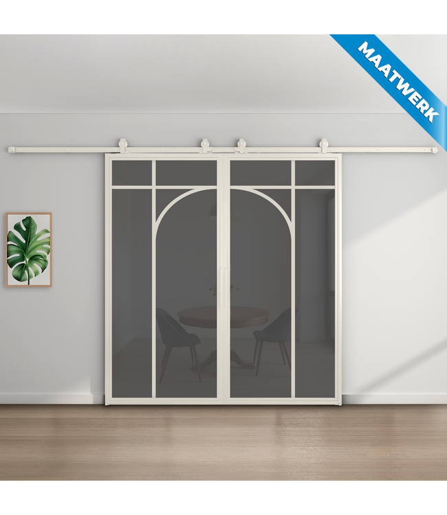 Dubbele stalen Schuifdeuren - Wit - 5 Vlaks rond - Maatwerk - Mat glas
