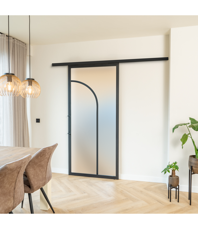 Stalen Schuifdeur koofsysteem - Zwart - 2 Vlaks rond - Helder glas