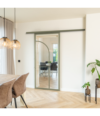 Stalen Schuifdeur koofsysteem - Olijfgroen - 2 Vlaks rond - Helder glas
