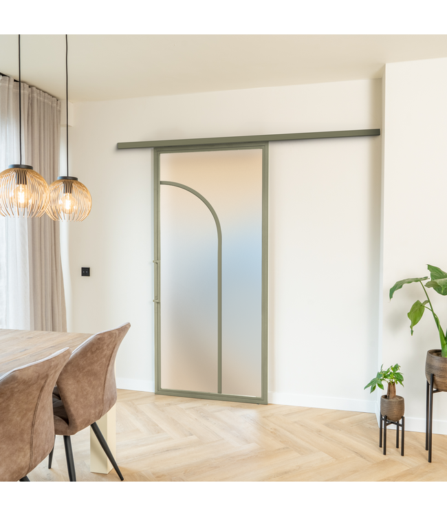 Stalen Schuifdeur koofsysteem - Olijfgroen - 2 Vlaks rond - Helder glas