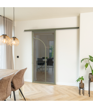 Stalen Schuifdeur koofsysteem - Olijfgroen - 2 Vlaks rond - Rook glas