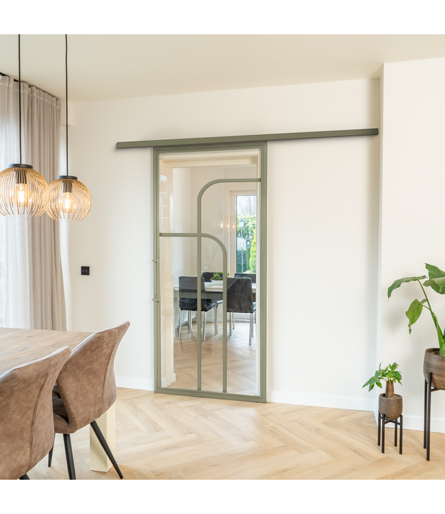 Stalen Schuifdeur koofsysteem - Olijfgroen - 4 Vlaks rond - Mat glas