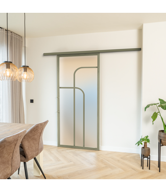 Stalen Schuifdeur koofsysteem - Olijfgroen - 4 Vlaks rond - Mat glas
