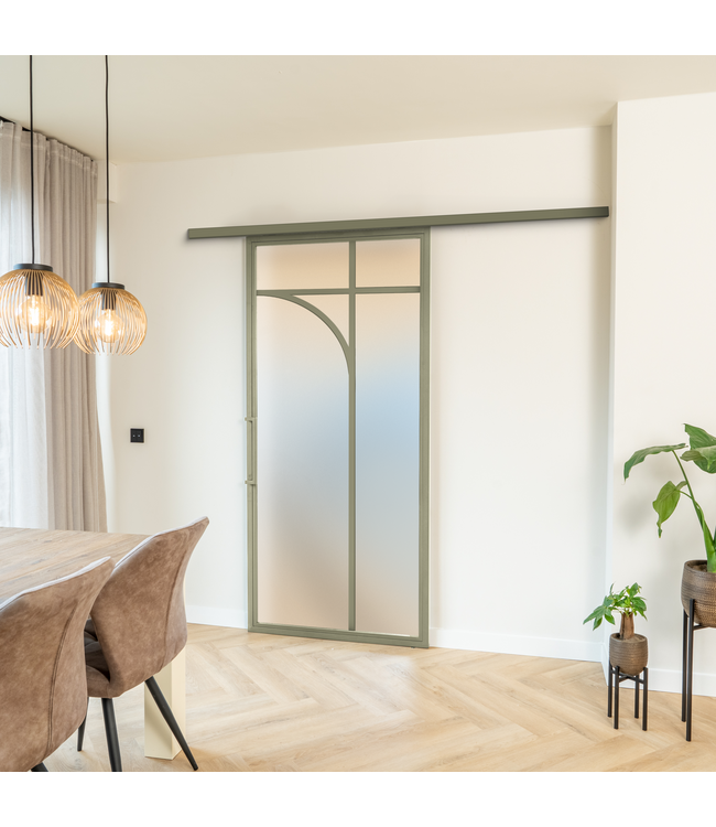 Stalen Schuifdeur koofsysteem - Olijfgroen - 5 Vlaks rond - Helder glas