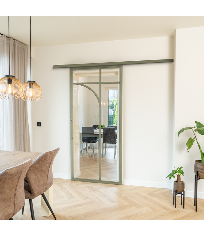 Stalen Schuifdeur koofsysteem - Olijfgroen - 5 Vlaks rond - Mat glas