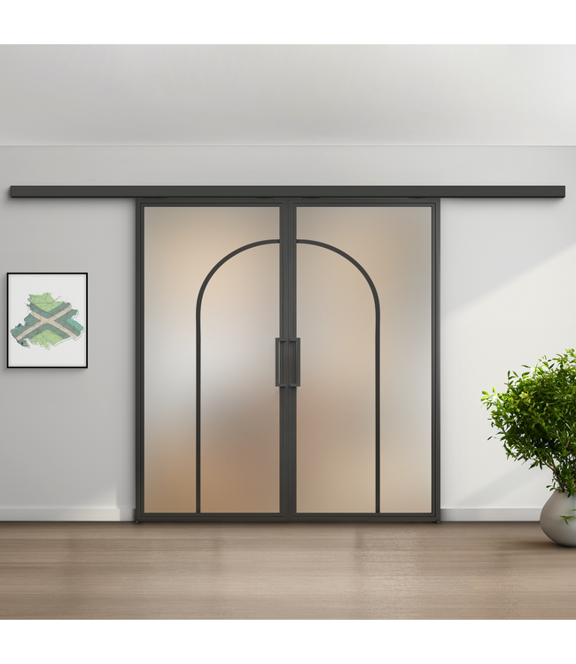 Dubbele stalen schuifdeur koofsysteem - Zwart -2 Vlaks rond - Helder glas