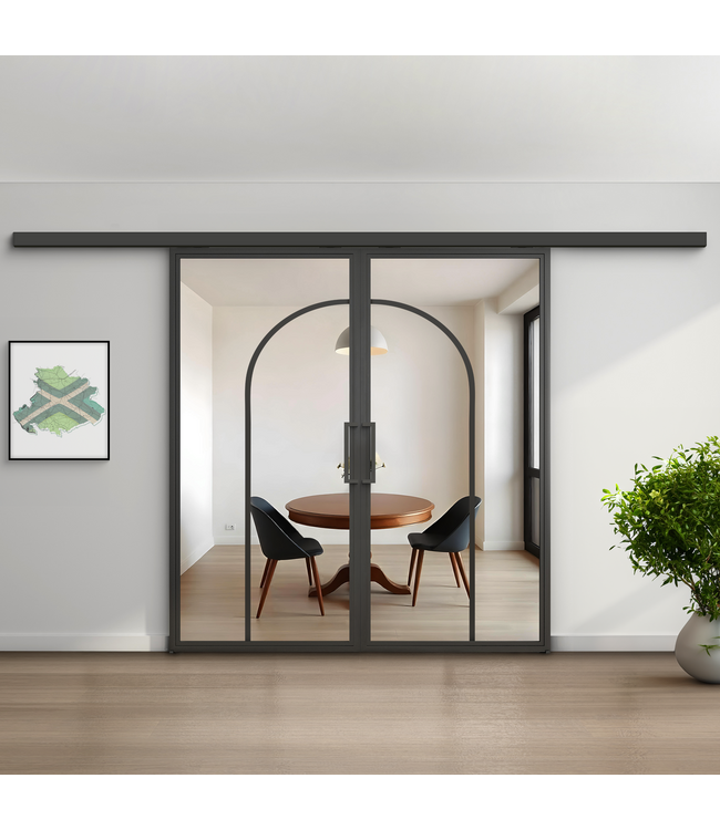 Dubbele stalen schuifdeur koofsysteem - Zwart -2 Vlaks rond - Mat glas