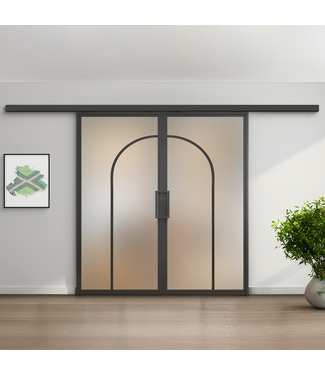 Dubbele stalen schuifdeur koofsysteem - Zwart -2 Vlaks rond - Mat glas